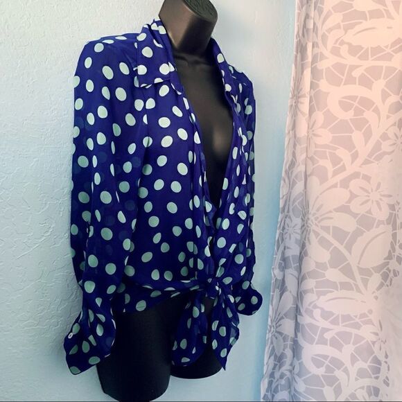 Express Semi Sheer Blue & Mint Green Polka Dot Tie Blouse Size Small/Medium - Picture 8 of 13
